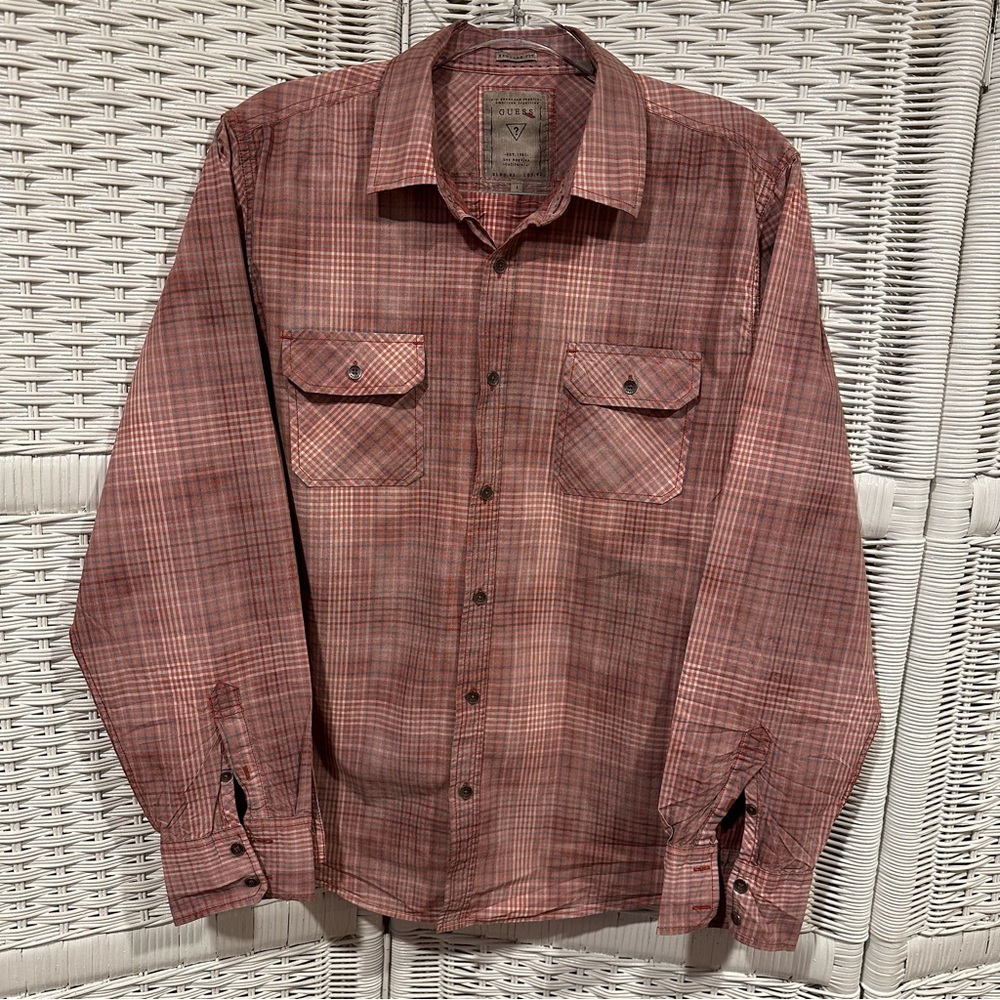 Guess Men Stone Washed Cotton Casual Shirt L